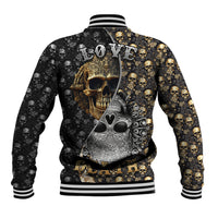 Black baseball jacket with skull back print and 'LOVE' text, striped rib collar and hem.