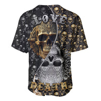 Black baseball jersey with skull and Love/Death artwork, gold accents, short sleeves