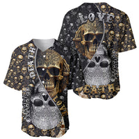 Set of two skull baseball jerseys, dark base with gold and silver prints, short sleeves