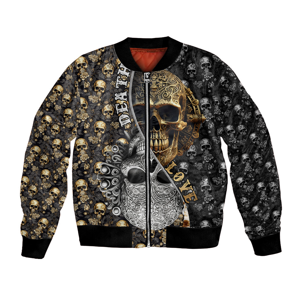 Skull-print bomber jacket with front zipper, ribbed hem, multicolor ornate skull graphic
