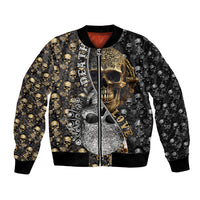 Skull-print bomber jacket with front zipper, ribbed hem, multicolor ornate skull graphic