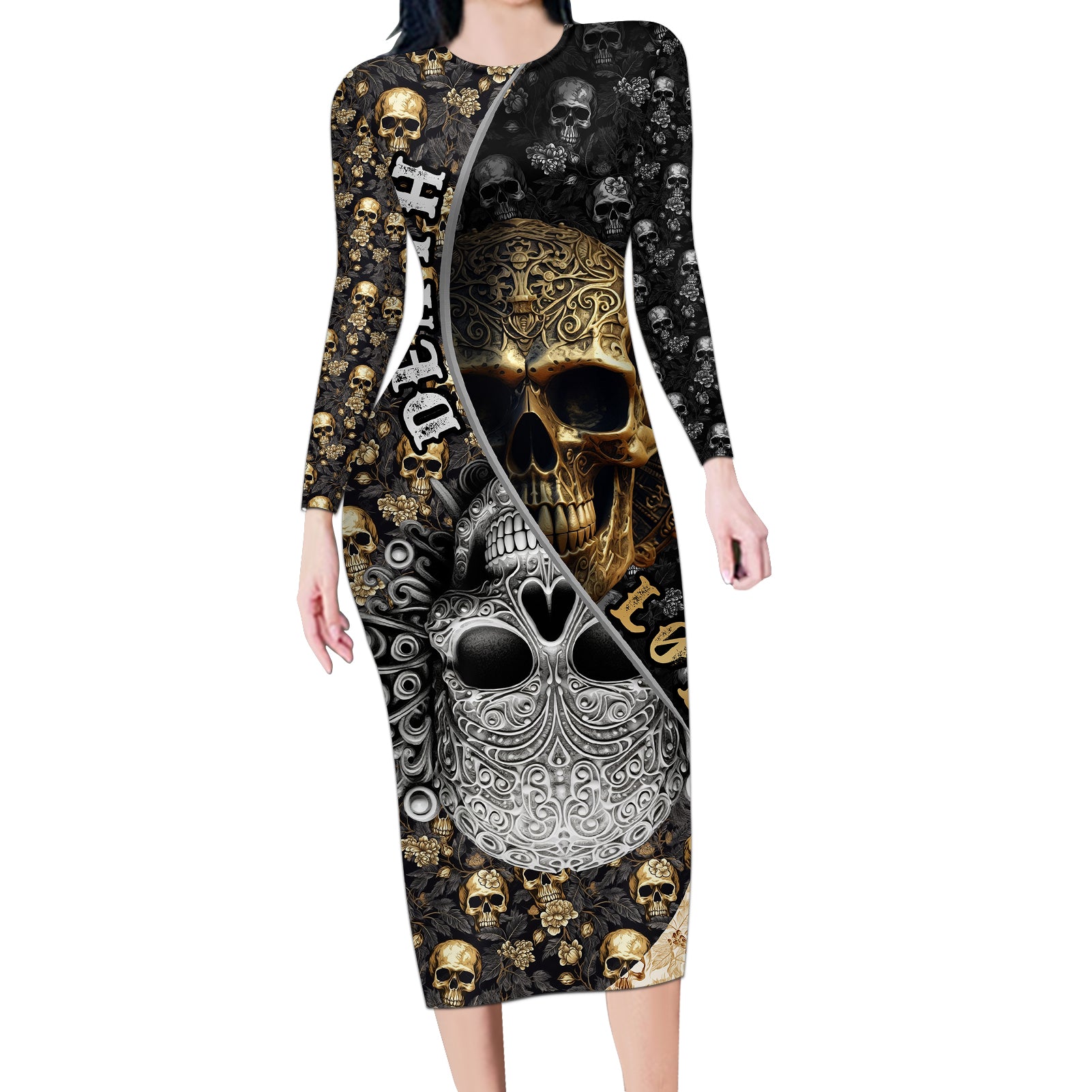 Skull Pattern Long Sleeve Bodycon Dress Love and Death - Wonder Print Shop