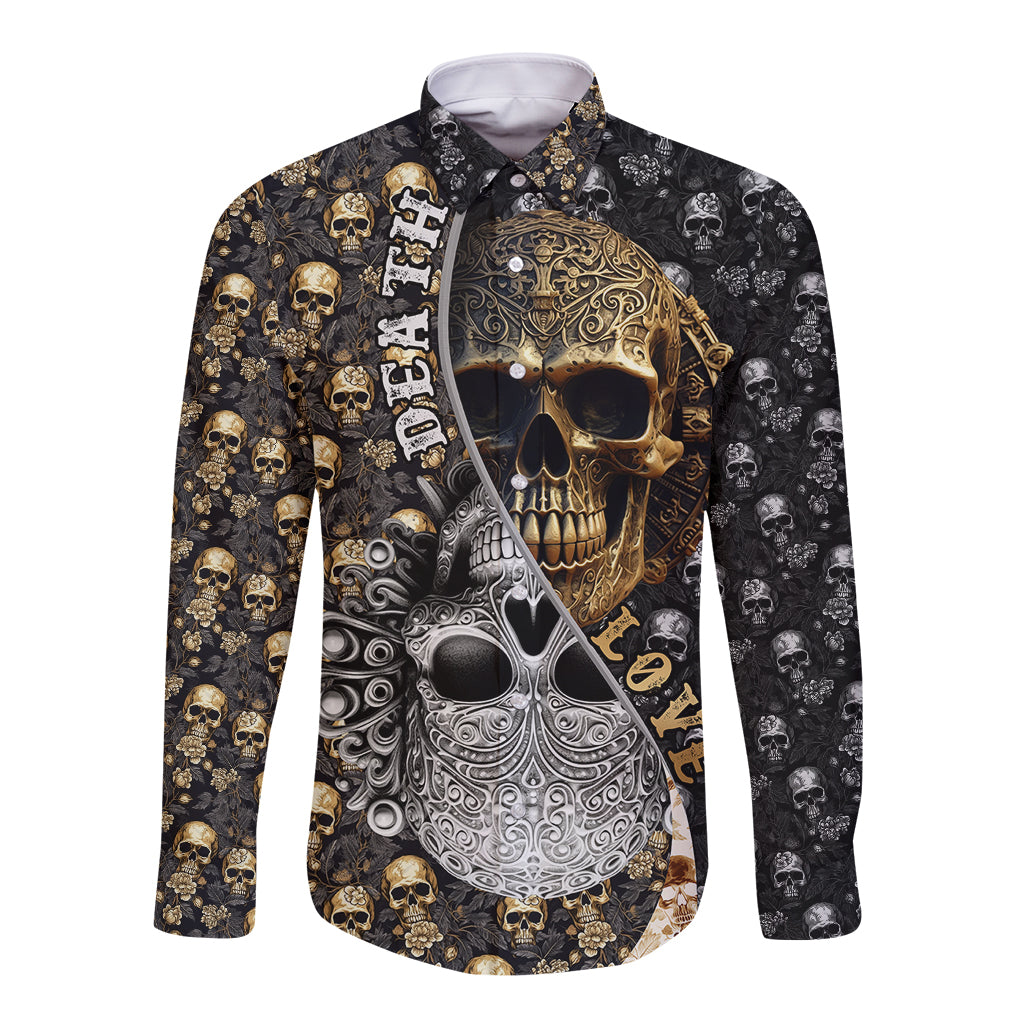 Long sleeve button shirt with black base and gold skull graphic print, front view.