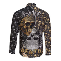 Long sleeve button shirt with large skull graphic and 'Love'/'Death' text on back.