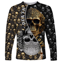 Skull pattern long-sleeve shirt with gold and silver skull graphics on black