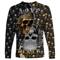 Skull pattern long-sleeve shirt with LOVE and DEATH text, skull and gold accents on black