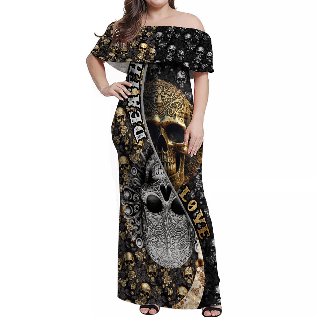 Skull Pattern Off Shoulder Maxi Dress Love and Death - Wonder Print Shop