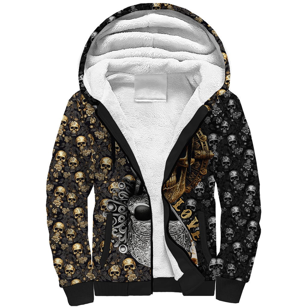 Skull Pattern Sherpa Hoodie Love and Death - Wonder Print Shop