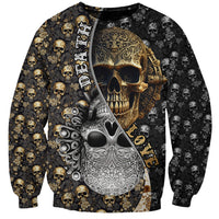 Unisex skull pattern sweatshirt with gold and white skull graphic on dark background