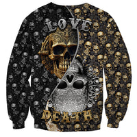 Unisex skull pattern sweatshirt with LOVE and DEATH text and central skull on dark