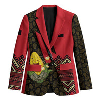 Unisex red blazer with dark patterned sleeves and large corn graphic on front