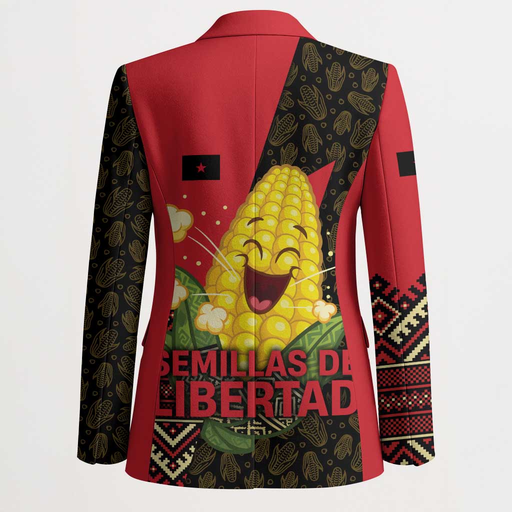 Unisex red-and-dark blazer, back shows corn graphic and “Semillas de Libertad” text