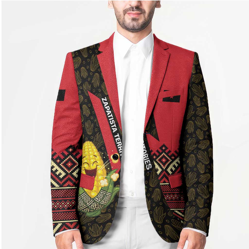 Unisex blazer with red lapels, dark indigenous-style pattern panels, and corn graphic