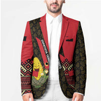 Unisex blazer with red lapels, dark indigenous-style pattern panels, and corn graphic