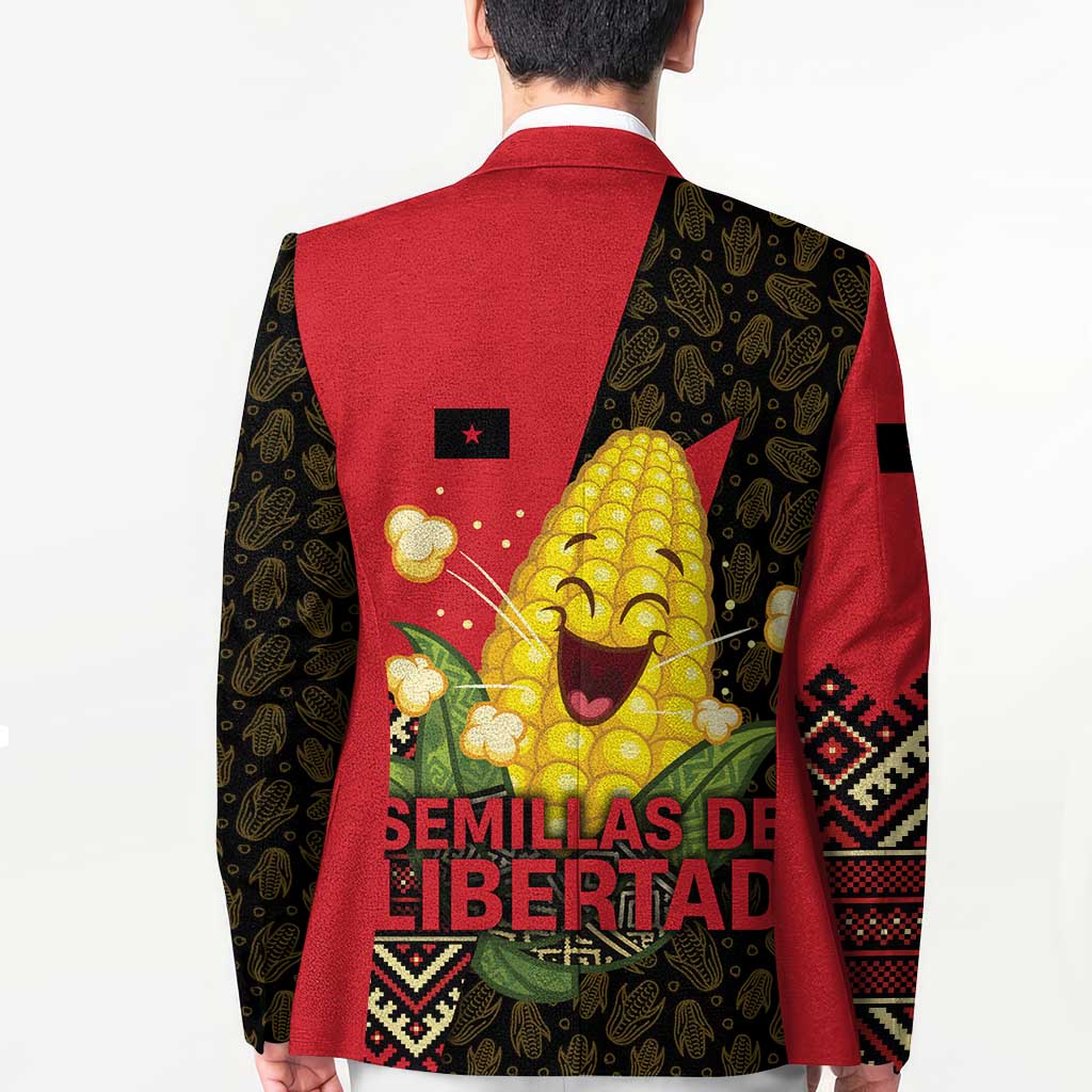 Unisex blazer back with red panel, dark pattern, and centered corn graphic