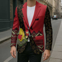 Unisex red blazer worn with white tee; dark patterned sleeves and corn graphic front