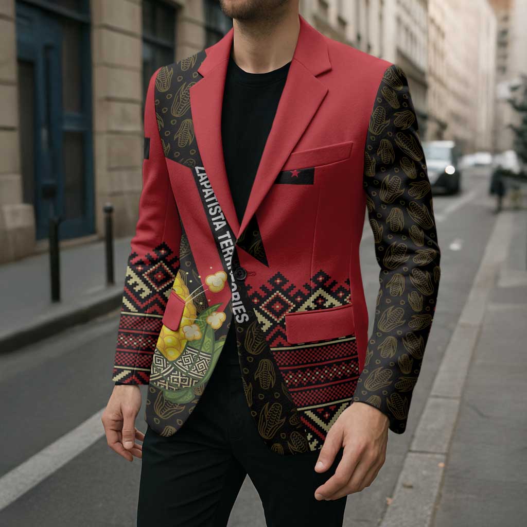 Unisex red blazer over black shirt; dark patterned sleeves and corn graphic front