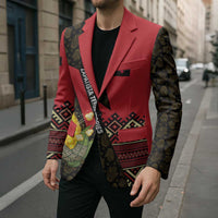Unisex red blazer over black shirt; dark patterned sleeves and corn graphic front