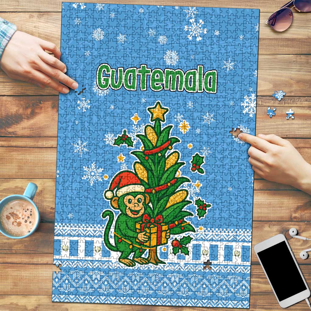 Guatemala Christmas Puzzle with Blue Christmas Monkey Tree Snowman and Snowflake - Wonder Print Shop