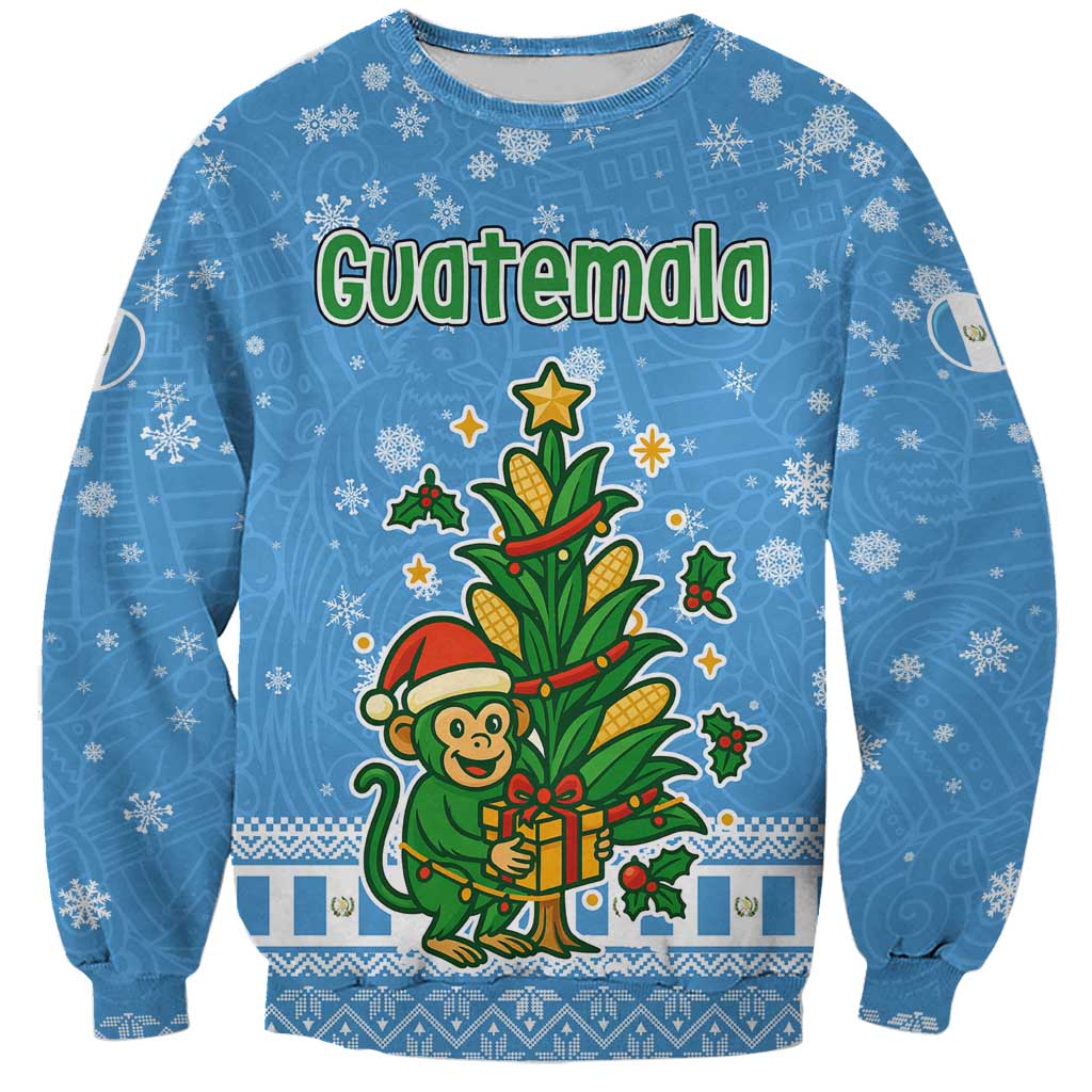 Guatemala Christmas Sweatshirt with Blue Christmas Monkey Tree Snowman and Snowflake - Wonder Print Shop