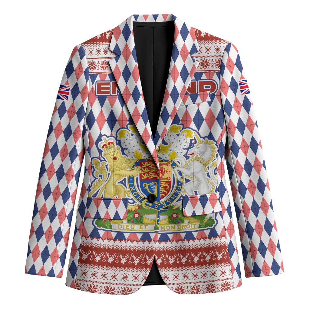 England Christmas Blazer with Red Blue White Diamond Pattern Santa and Coat of Arms - Wonder Print Shop