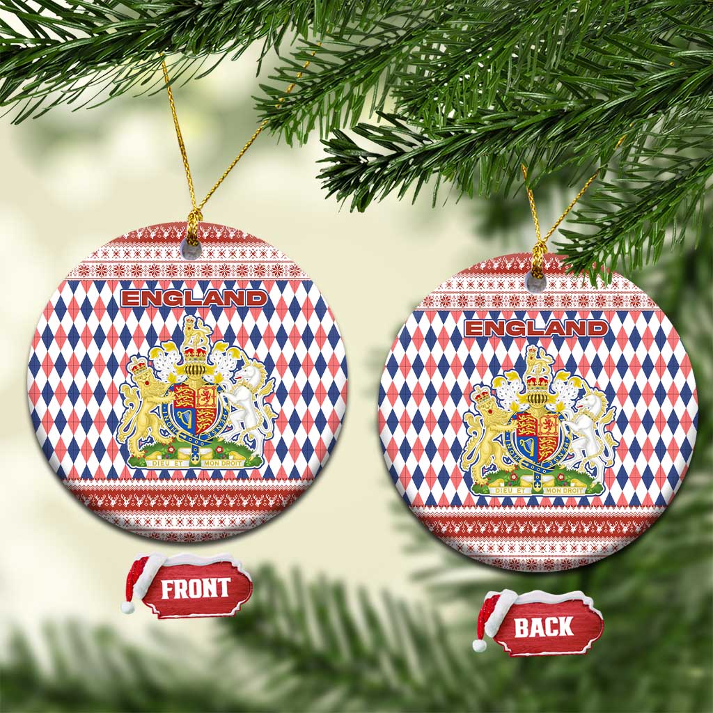 England Christmas Ceramic Ornament with Red Blue White Diamond Pattern Santa and Coat of Arms - Wonder Print Shop
