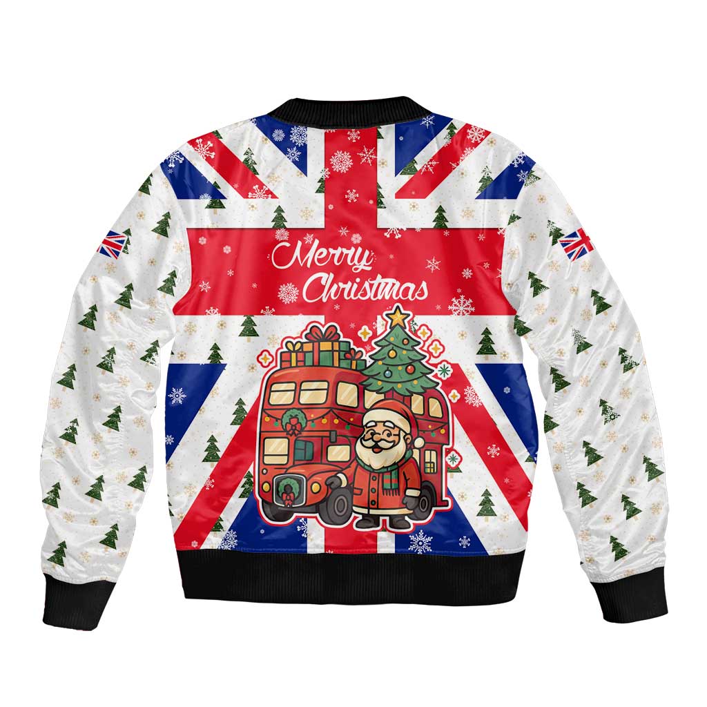 England Christmas Bomber Jacket with Red White Blue Santa Bus Tree and Three Lions Design - Wonder Print Shop
