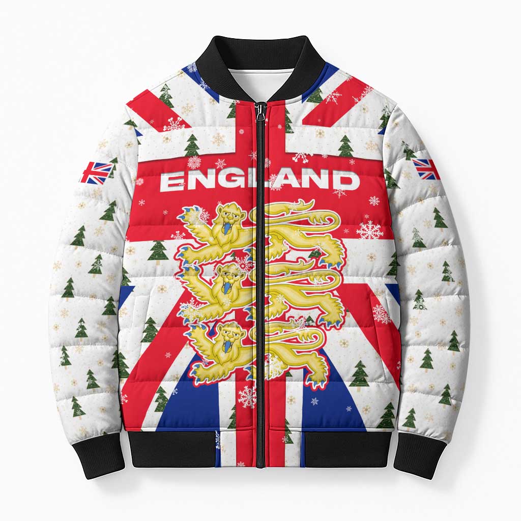 England Christmas Bomber Puffer Jacket with Red White Blue Santa Bus Tree and Three Lions Design - Wonder Print Shop