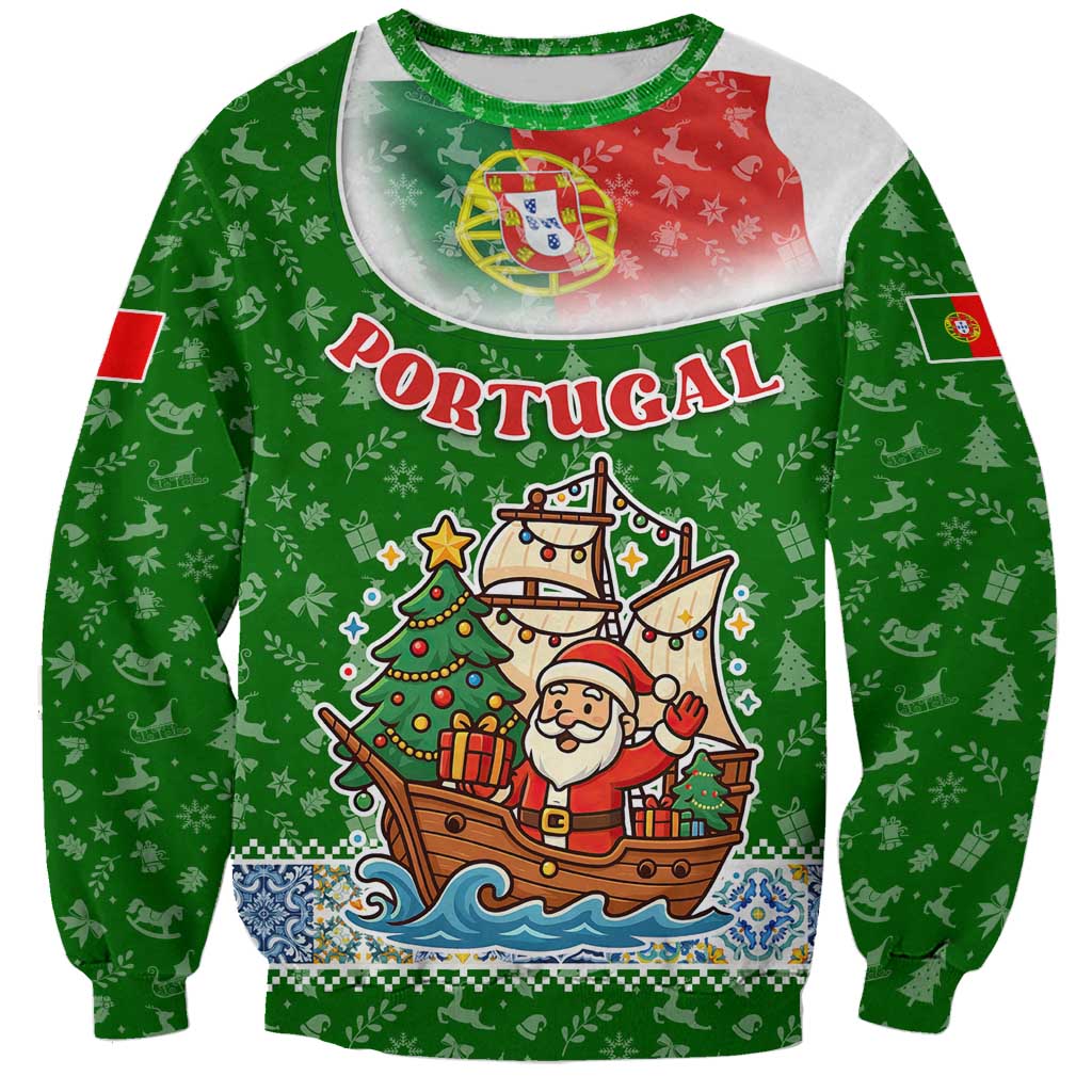 Portugal Christmas Sweatshirt with Green Red Santa Ship Tree and Coat of Arms - Wonder Print Shop