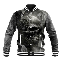 Black unisex baseball jacket with front skull and smoke art, snap buttons and striped trim.