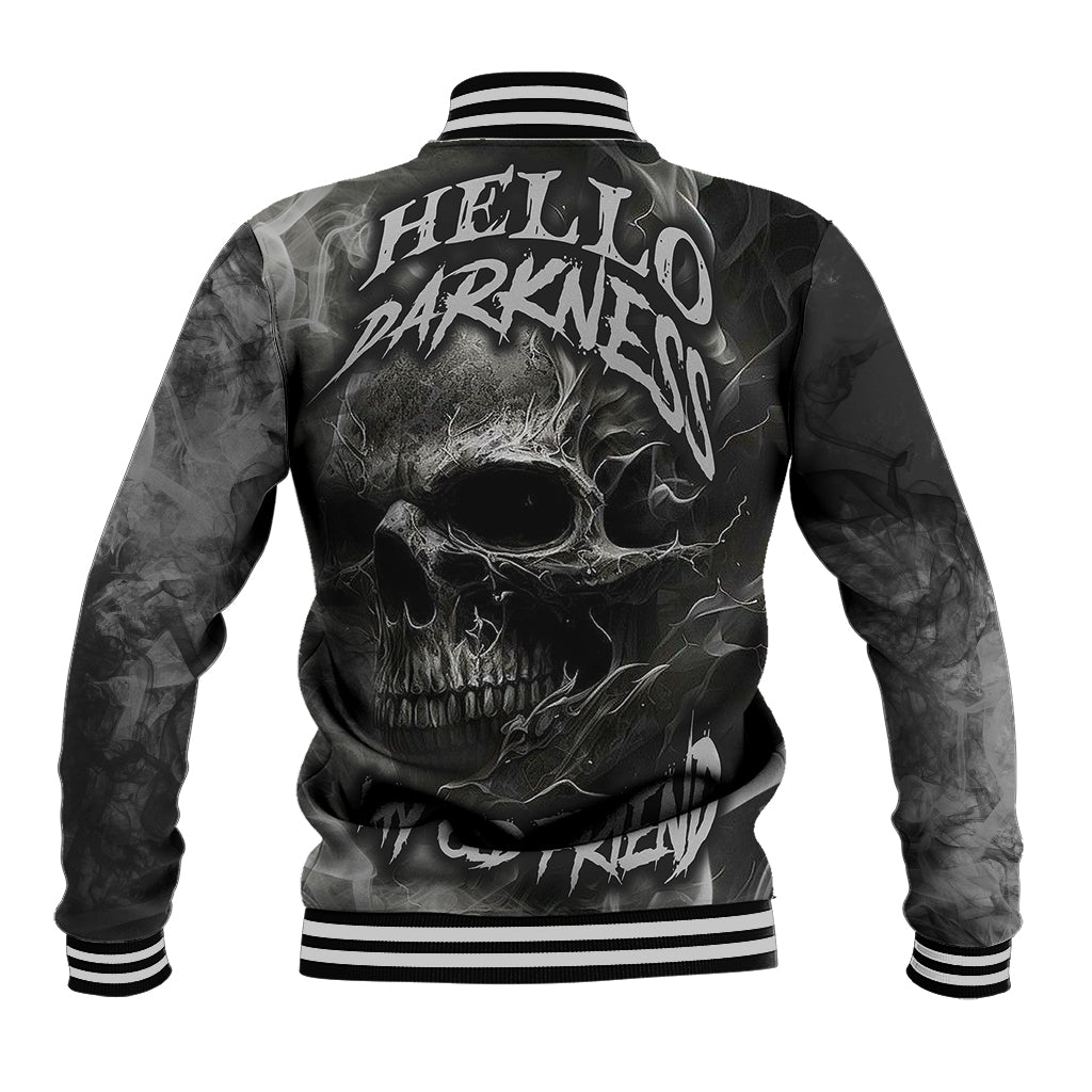 Black unisex baseball jacket with large back skull graphic, ribbed striped collar cuffs.
