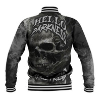Black unisex baseball jacket with large back skull graphic, ribbed striped collar cuffs.