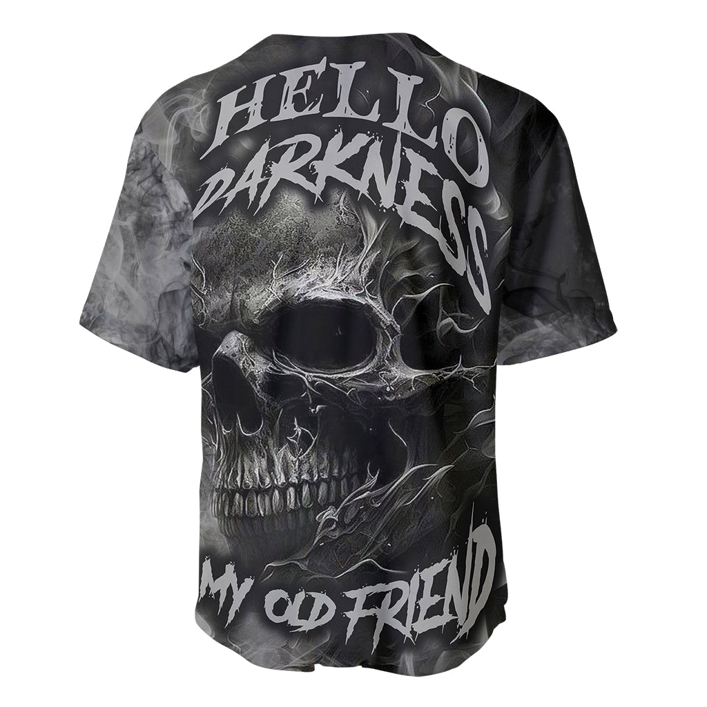 Black skull graphic baseball jersey with flaming text on back