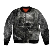 Unisex black bomber jacket front zipper with skull graphic and smoke pattern