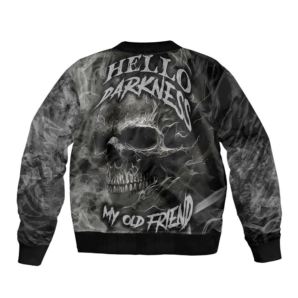 Unisex black bomber jacket with large back skull graphic and bold text