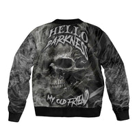 Unisex black bomber jacket with large back skull graphic and bold text