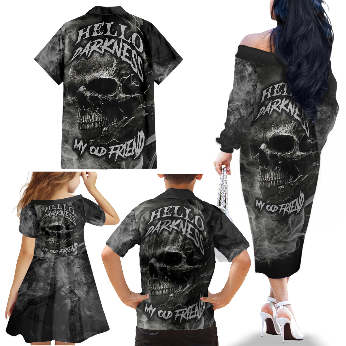 Hello Darkness My Old Friend Skull Family Matching Off Shoulder Long Sleeve Dress and Hawaiian Shirt - Wonder Print Shop