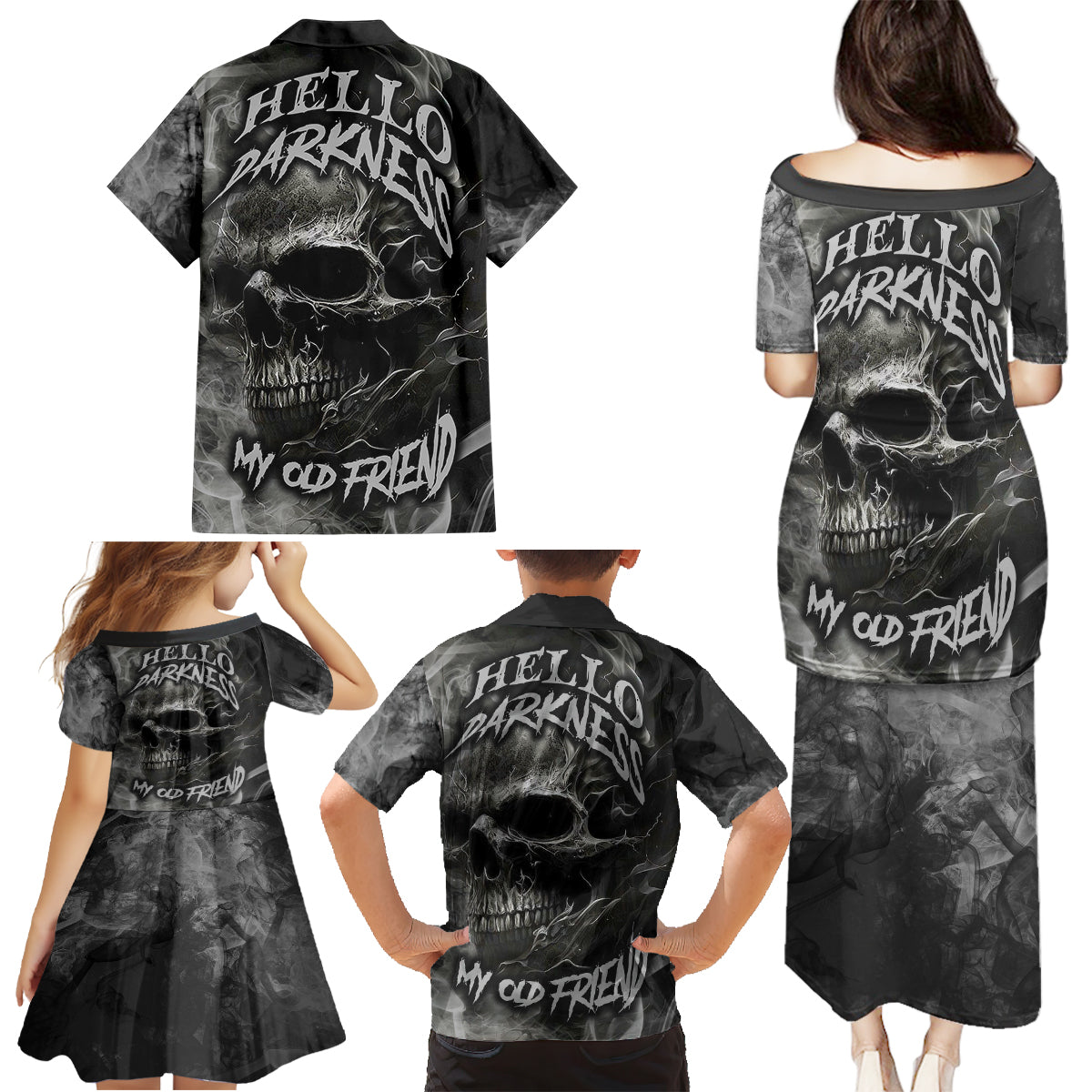 Hello Darkness My Old Friend Skull Family Matching Puletasi Dress and Hawaiian Shirt - Wonder Print Shop