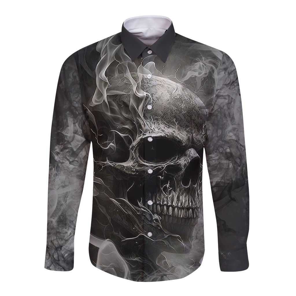 Black long sleeve button shirt with front skull graphic and button placket detail