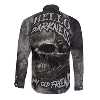 Black long sleeve button shirt with skull graphic and 'Hello Darkness' text (back)