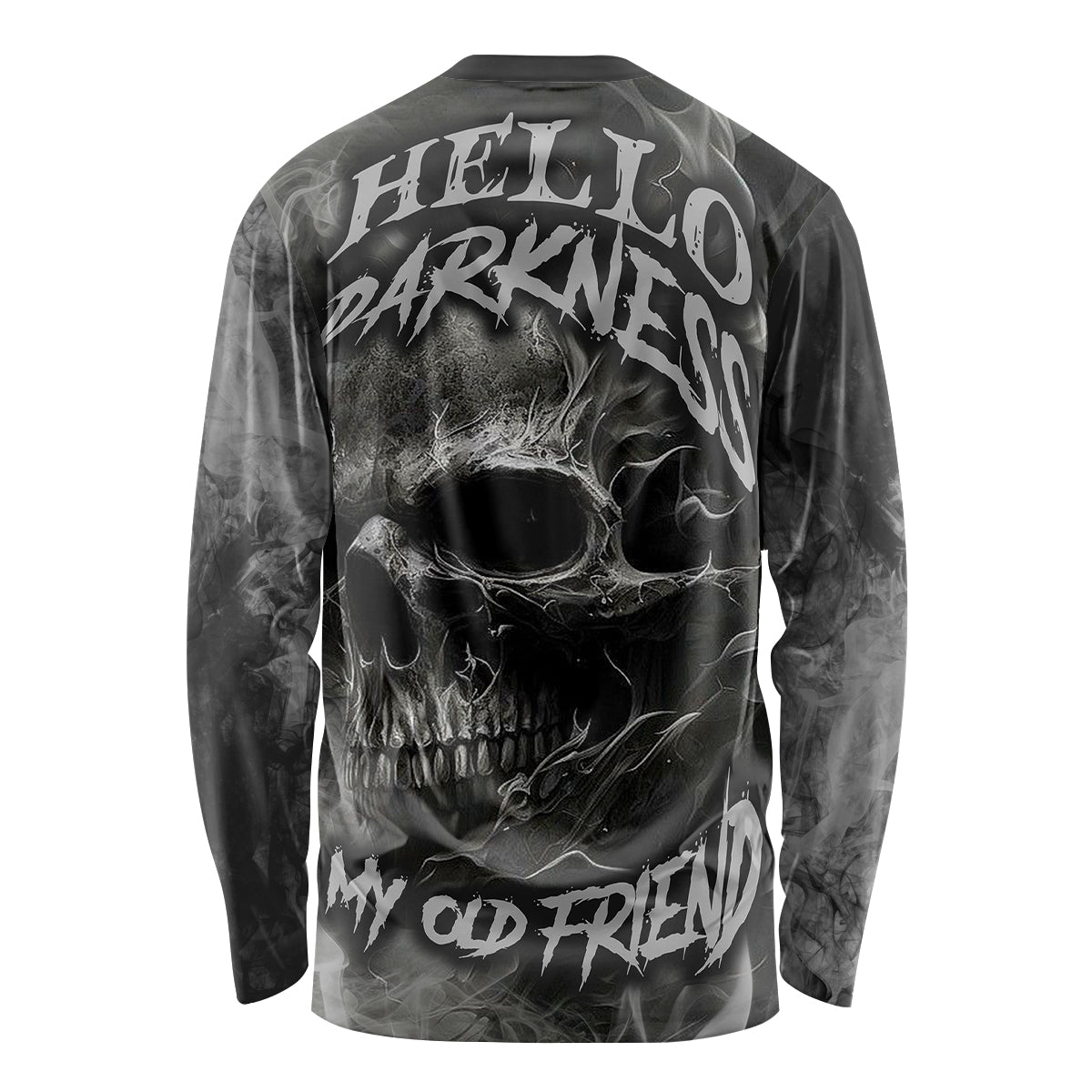 Unisex long-sleeve black shirt with skull graphic and diagonal text