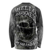 Unisex long-sleeve black shirt with skull graphic and diagonal text