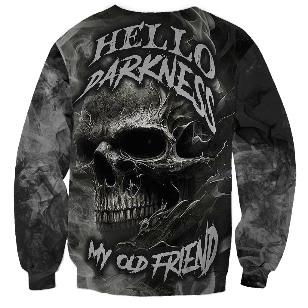 Black unisex sweatshirt with large skull graphic and distressed text on front