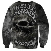 Black unisex sweatshirt with large skull graphic and distressed text on front