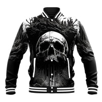 Black skull graphic baseball jacket with snap button front, striped ribbed hem, front print