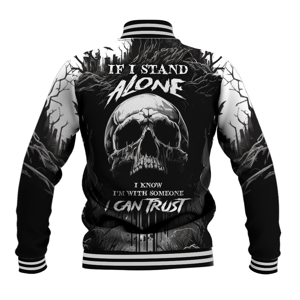 Black skull graphic baseball jacket with striped ribbed collar and cuffs, back print