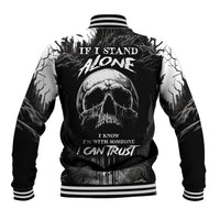 Black skull graphic baseball jacket with striped ribbed collar and cuffs, back print