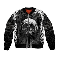 Unisex black skull bomber jacket with front zipper, skull and tree print