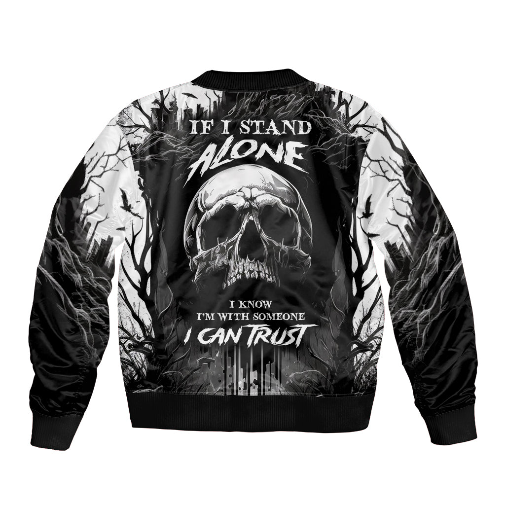 Unisex black skull bomber jacket, back graphic with trees and ribbed collar