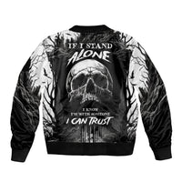 Unisex black skull bomber jacket, back graphic with trees and ribbed collar